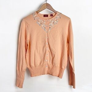 VALERIE STEVENS Pastel Orange Embellished Beaded Knit Cardigan Size Large